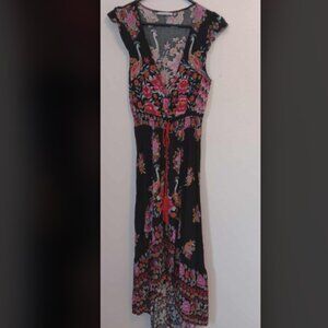 Black Summer Vintage cotton Floral Deep V Neck High Low Long Dress size L 10-12